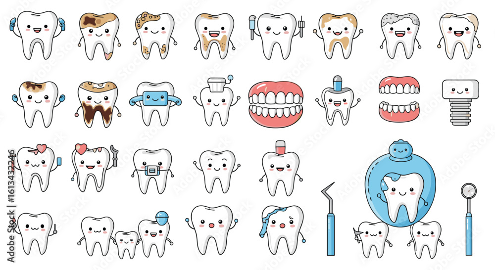 Obraz premium Collection of cute cartoon teeth illustrations featuring different expressions and dental hygiene themes