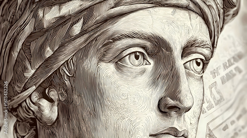 Close-up grayscale portrait, detailed face features, turban, classical style,  money background