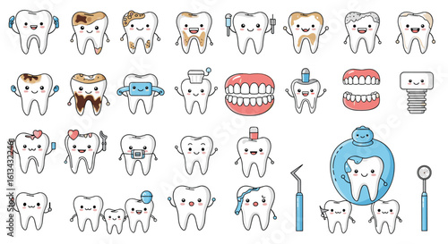 Collection of cute cartoon teeth illustrations featuring different expressions and dental hygiene themes