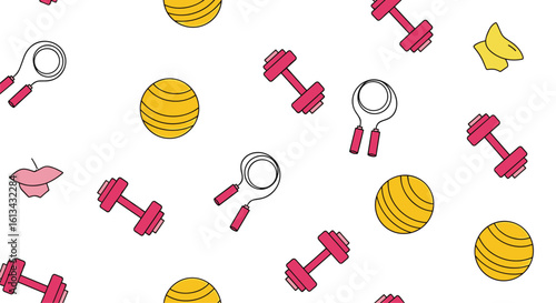 A variety of fitness equipment featuring dumbbells hand grips exercise balls and weights for strength training and exercise routines