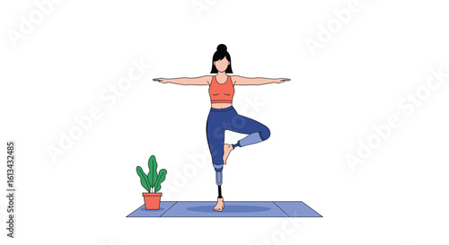 A woman practices tree pose yoga on a mat with a cactus plant in a brightly lit room