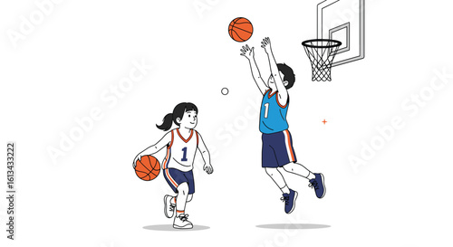 Two young children are playing a lively game of basketball on a court during the daytime