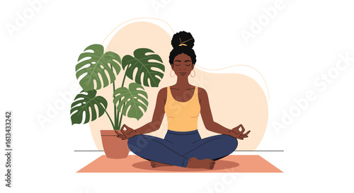 Serene woman meditating gracefully embracing tranquility and inner peace through mindful breathing exercises and calmness practices while seated on a yoga mat next to a lush houseplant