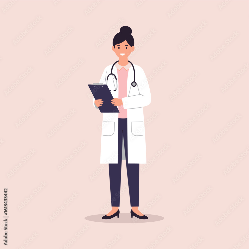 Illustration of a smiling female doctor with a stethoscope and clipboard. A friendly healthcare professional character in a lab coat. Illustration of a smiling female doctor with a stethoscope and clipboard. A friendly healthcare professional character in a lab coat.
