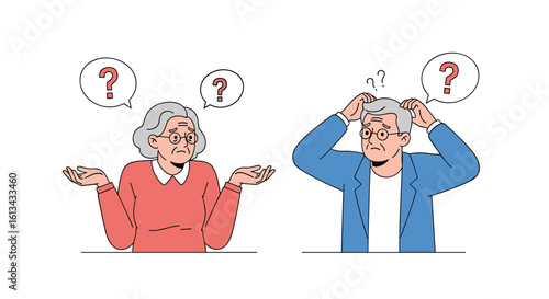 Elderly couple expressing confusion and uncertainty with question marks above their heads