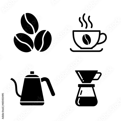 Coffee brewing and cafe equipment icon set. A collection of black glyphs representing coffee beans, a hot cup, a gooseneck kettle, and a pour-over dripper concept.