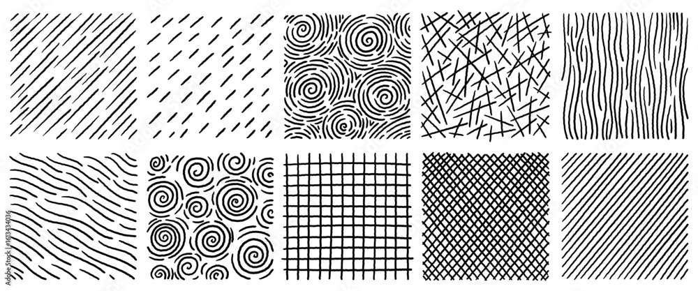 Abstract hand drawn crosshatch texture collection with scribbles swirls and scratch patterns