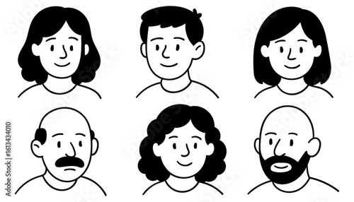 Doodle portraits of diverse people with calm smiles and different hairstyles isolated on white background