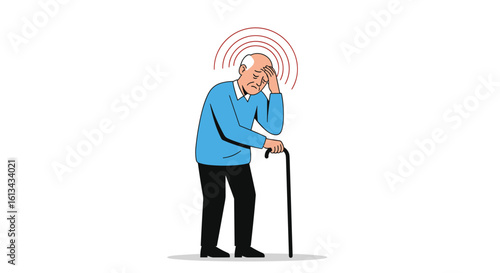 Elderly man experiencing dizziness and cognitive fog holding his head with a cane for support illustrating health concerns