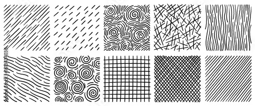 Abstract hand drawn crosshatch texture collection with scribbles swirls and scratch patterns