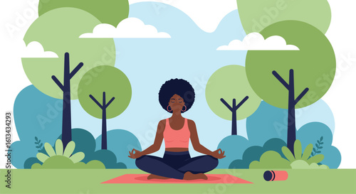 Serene woman practices mindful meditation outdoors among lush green trees in a peaceful natural setting