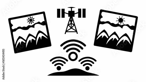 Illustration featuring mountain landscape pictures, a satellite tower and wifi signal icons perfectly silhouette