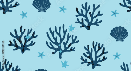 Charming marine life pattern featuring artistic corals and starfish on a gentle blue background