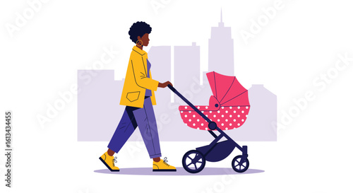 A stylish mother enjoys a pleasant stroll through the city with her adorable baby in a vibrant stroller