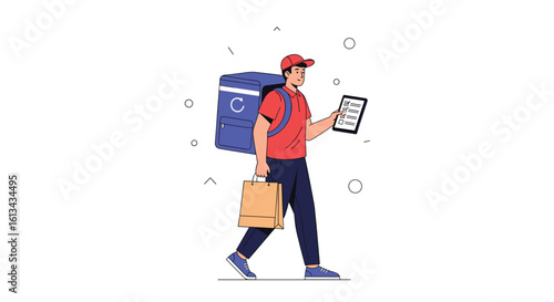 A dedicated delivery person walks confidently with a large insulated backpack and a shopping bag while checking a digital device for orders and directions efficiently