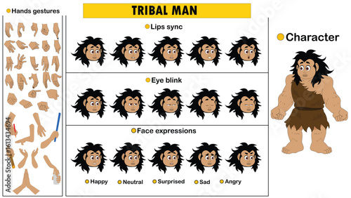 Cartoon vector Tribal man full model sheet including eyes blink, lip sync, face expressions and hands gestures