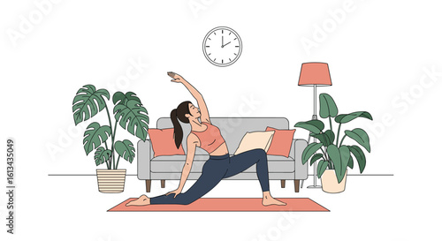 Woman practicing yoga in a modern living room with plants and sofa