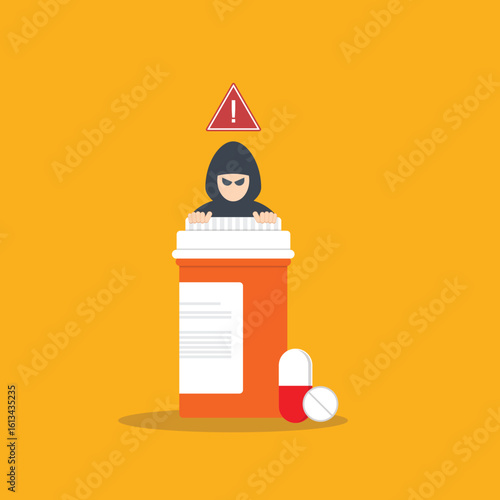 Fake medicine. Pill and tablet with criminal selling illegal drugs. Fake drugs, pharmaceutical. Symbolic for harmful counterfeit pills, risk and danger of illegal produced and sold pharmaceuticals.