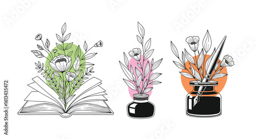 Creative writing and artistic expression with flowers and inkwells