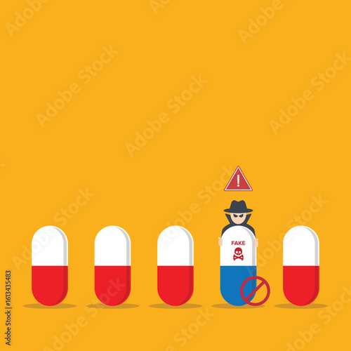 Fake medicine. Pill and tablet with criminal selling illegal drugs. Fake drugs, pharmaceutical. Symbolic for harmful counterfeit pills, risk and danger of illegal produced and sold pharmaceuticals.