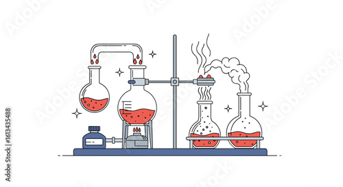 Illustrative depiction of a chemistry laboratory experiment with heating and distillation apparatus in action