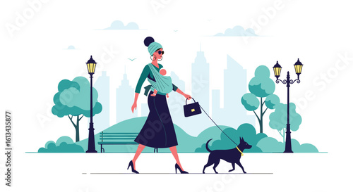 Stylish woman walking dog in park cityscape with trees and lamps elegant lady with baby in carrier enjoying outdoor stroll