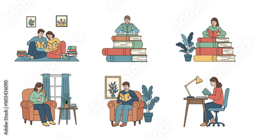 Illustrations depicting people engaged in reading activities in various comfortable indoor settings and environments