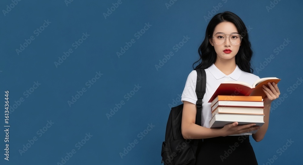Obraz premium A focused young Asian woman student wearing glasses, holding a stack of books and reading one, with a backpack on a blue background.