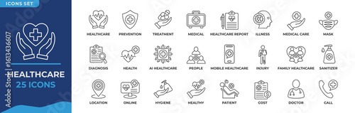Healthcare Line Icon Collection Set. Containing treatment, prevention, medical, health, diagnosis, report, illness, injury and more. Simple Line Vector Illustration.