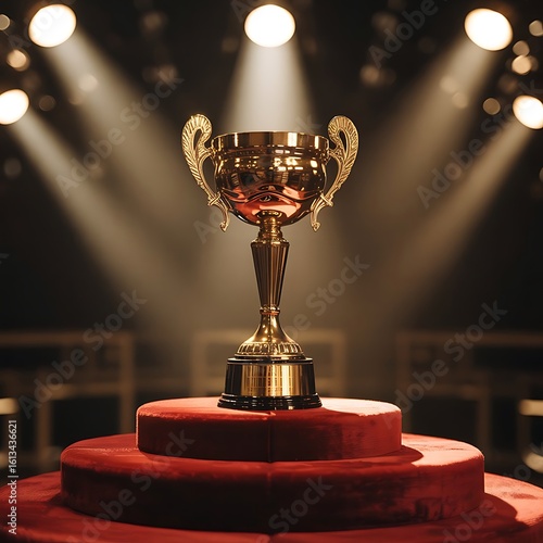 A radiant gold trophy stands tall on a red velvet platform, bathed in the glow of spotlights, representing ultimate success