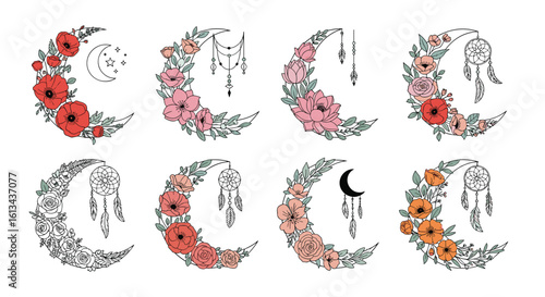Charming crescent moon designs adorned with delicate floral wreaths and hanging lanterns for enchanting ambiance