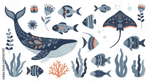 Charming ocean life collection featuring whales fish and coral reef elements in a whimsical folk art style