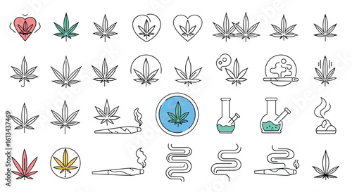 Collection of distinctive cannabis leaf and smoking accessory icons for graphic design and branding