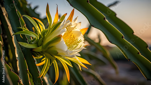 Dragon fruit flower on a plant with green leaves © 小飞 唐