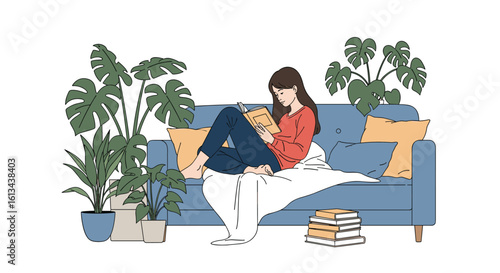 Cozy afternoon spent reading a book on the couch surrounded by lush green houseplants and warm sunlight