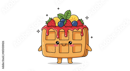 Adorable cartoon waffle character adorned with fresh berries and delicious syrup standing happily with sparkles around it
