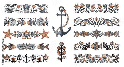 Decorative nautical border designs featuring sea life and maritime symbols for creative projects and crafting