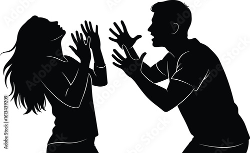 Man yelling at woman silhouette, couple arguing vector, domestic conflict illustration, relationship abuse concept, emotional violence scene, aggressive behavior, communication breakdown, distress.