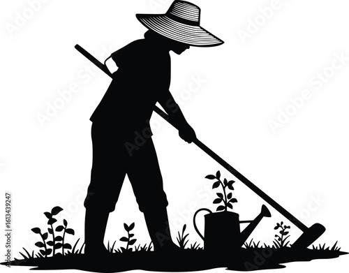 Silhouette of person gardening with rake, watering can, and plant in calm outdoor scene

