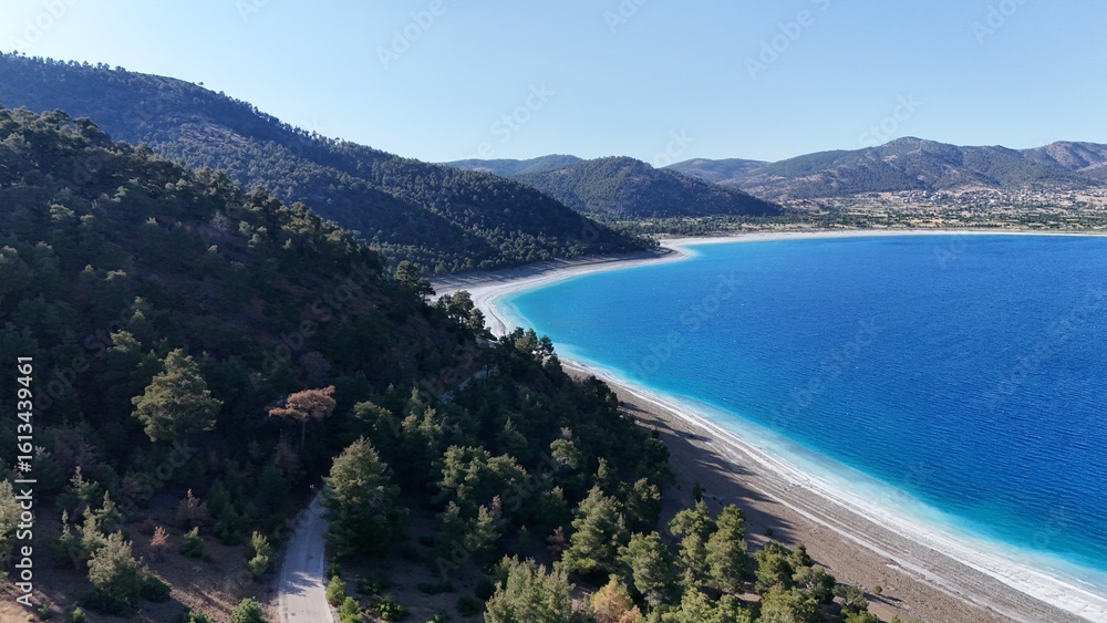 Fototapeta premium Blue lake scenery. River, trees, sky. Lake in Turkey High quality photo