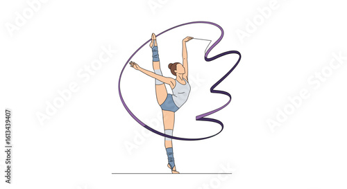 A young gymnast performs an elegant ribbon routine with graceful movements and artistic expression on a white background