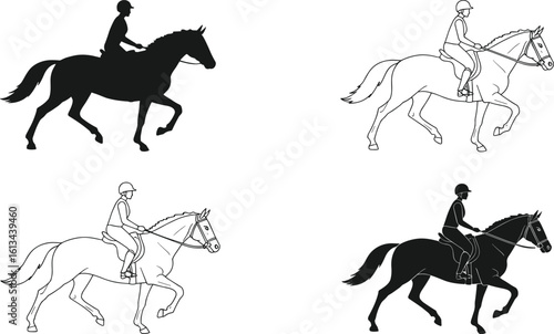 Silhouette and Outline Horse Riders Vector Set, Equestrian Sport Illustrations, Horseback Riding Clipart, Horse and Rider Design Elements for Graphic Projects
