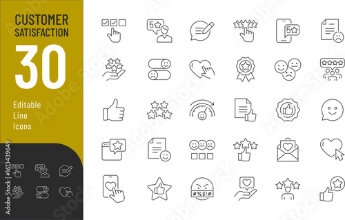 Customer Satisfaction Editable Icons set. Vector illustration in modern thin line style of feedback related icons: experience, five stars, review, and more. Isolated on transparent background.
