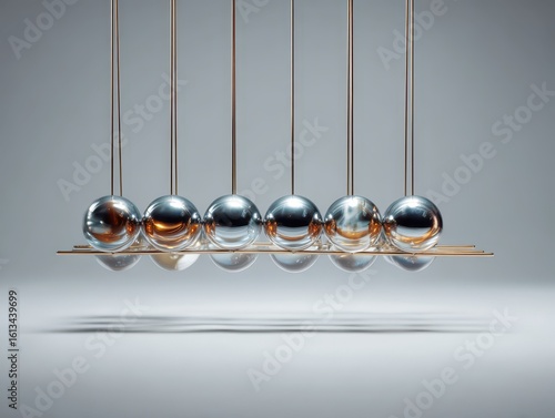 Shiny metal Newton's cradle with suspended spheres over a wooden base on light backdrop