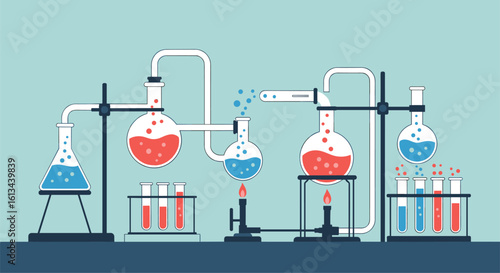 A colorful chemical laboratory experiment setup illustrating complex scientific reactions and processes in an educational setting