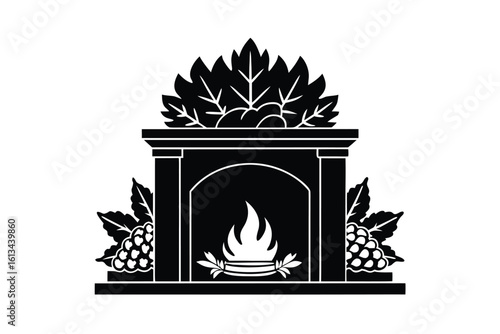 Thanksgiving vector art of a decorative fireplace with a warm fire and autumn foliage
