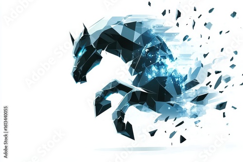 Abstract Black Horse Breaking Through Shattered Glass in Motion