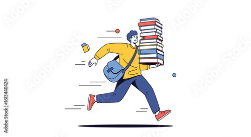 Student rushing to deliver a massive stack of books and learning materials efficiently and on time