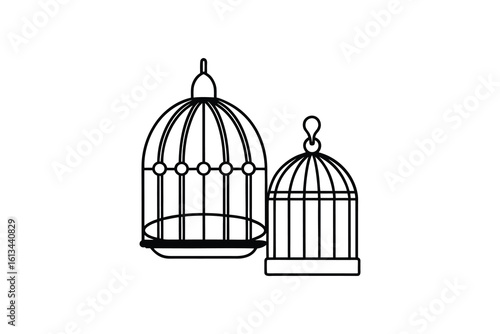 Two Birdcages in Black and White Outline Style Simple and Elegant Silhouette