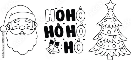Horizontal black and white line art of Santa Claus, holiday text HO HO HO, and Christmas tree with star